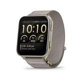 Garmin Venu X1 Soft Gold Titanium Caseback and French Gray Nylon Band