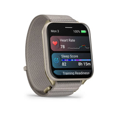 Garmin Venu X1 Soft Gold Titanium Caseback and French Gray Nylon Band