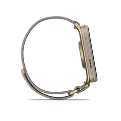 Garmin Venu X1 Soft Gold Titanium Caseback and French Gray Nylon Band