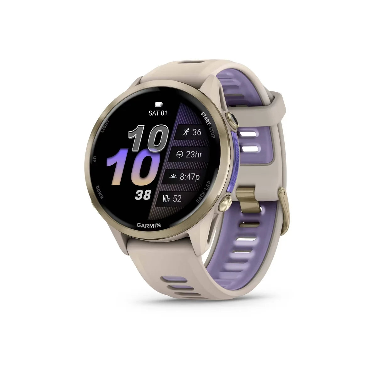 Garmin Forerunner 970 Smartwatch Soft Gold Titanium with French Gray Case and French Gray/Translucent Indigo Band