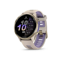 Garmin Forerunner 970 Smartwatch Soft Gold Titanium with French Gray Case and French Gray/Translucent Indigo Band
